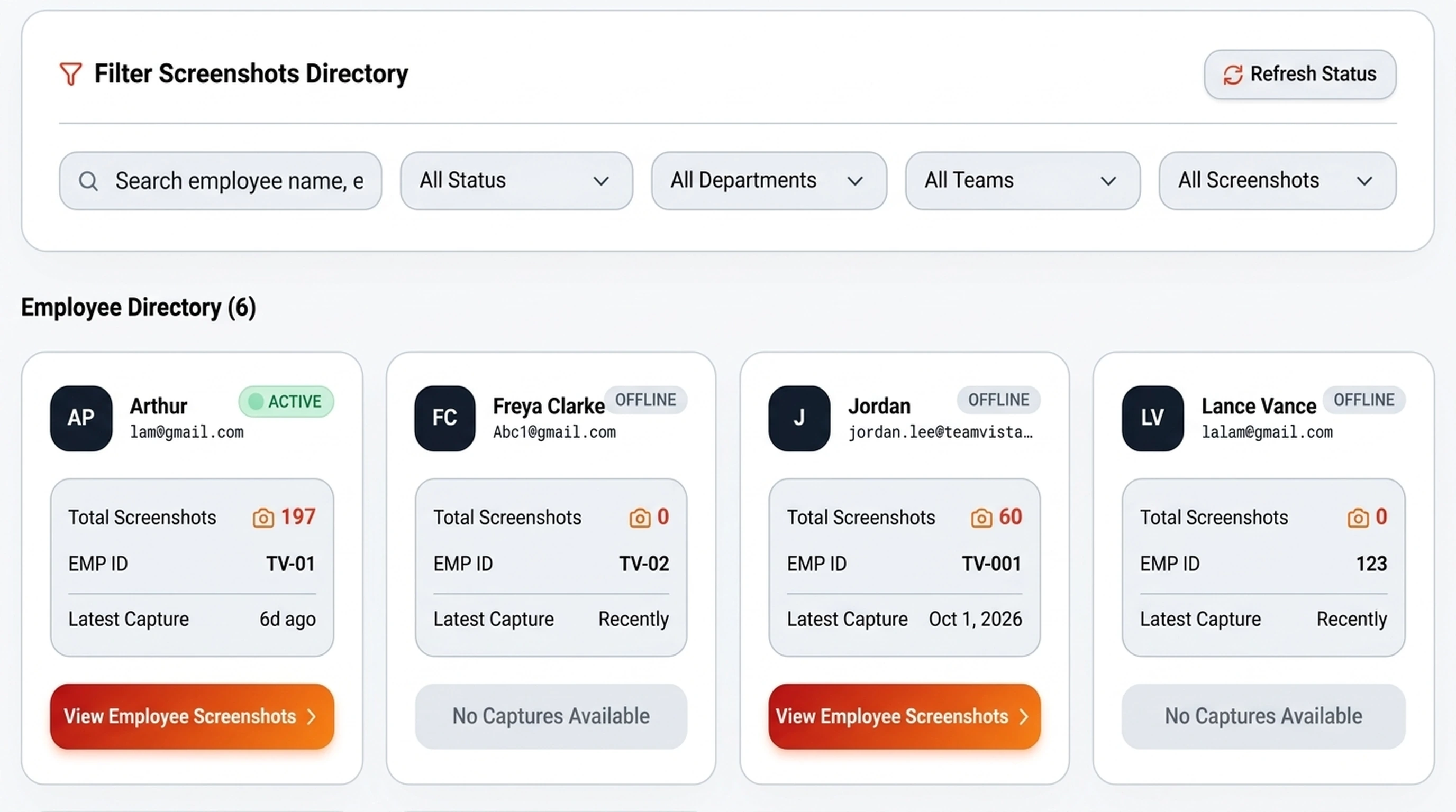 TeamVista screenshot directory: search and filters for status, department, team and screenshots above employee cards. Sample data.